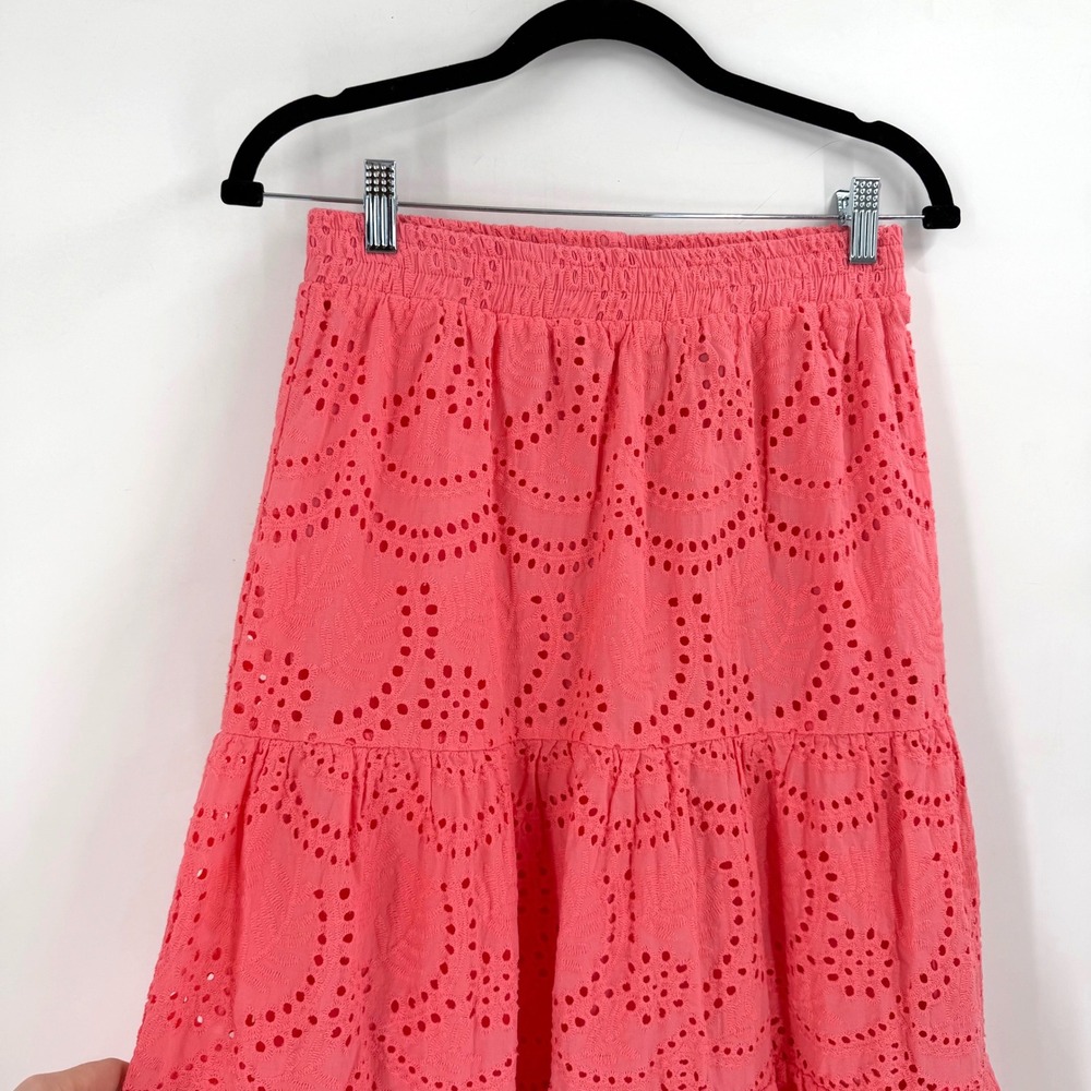 AQUA Eyelet Midi Skirt Womens S Pink Tiered Cotton Smocked Boho Cottagecore - Picture 4 of 10